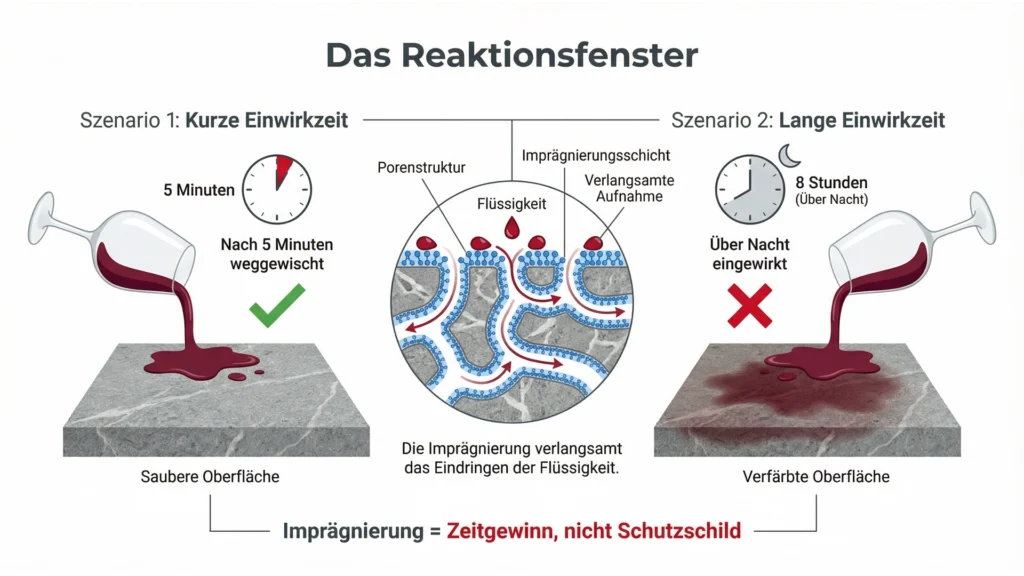 Eine Imprägnierung verlangsamt das Eindringen von fleckenbildenden Flüssigkeiten (Infografik).