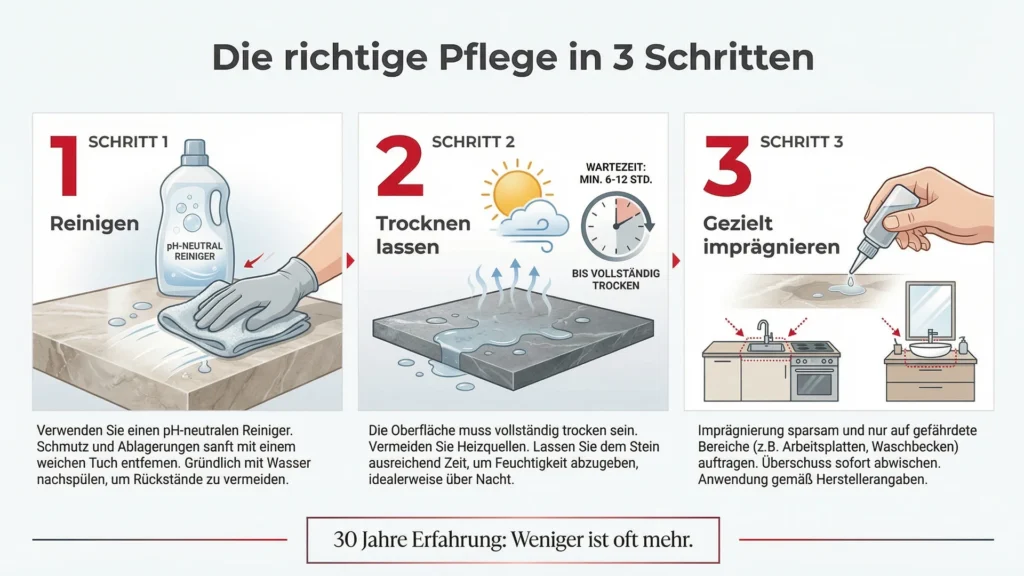 Infografik: Naturstein richtig imprägnieren – in drei Schritten.