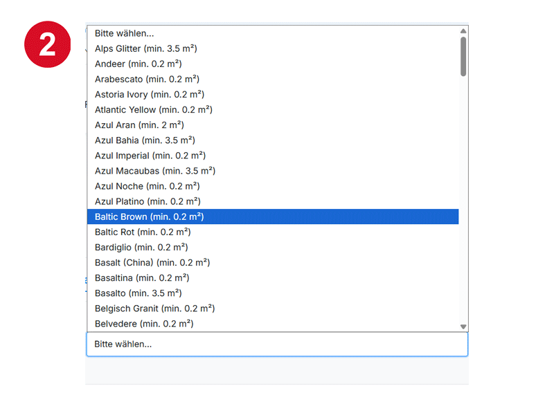 Auswahl einer spezifischen Natursteinsorte aus der Liste im Konfigurator.