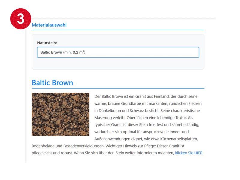 Detailansicht des gewählten Natursteins inklusive Herkunft und Frostbeständigkeit.