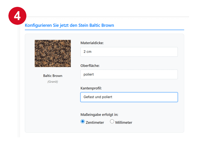 Auswahl der Materialdicke, Oberfläche und Kantenprofil im Konfigurator.