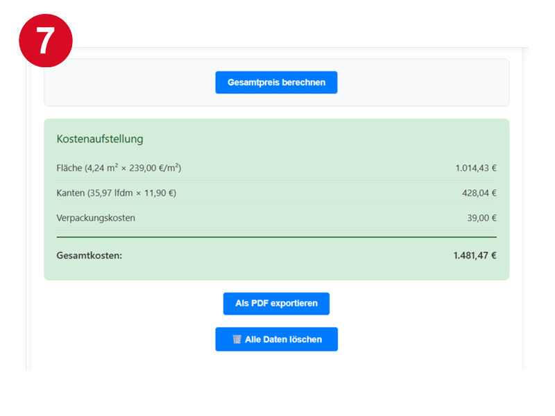 Finale Zusammenfassung und Button zum Sichern des PDF-Angebots.
