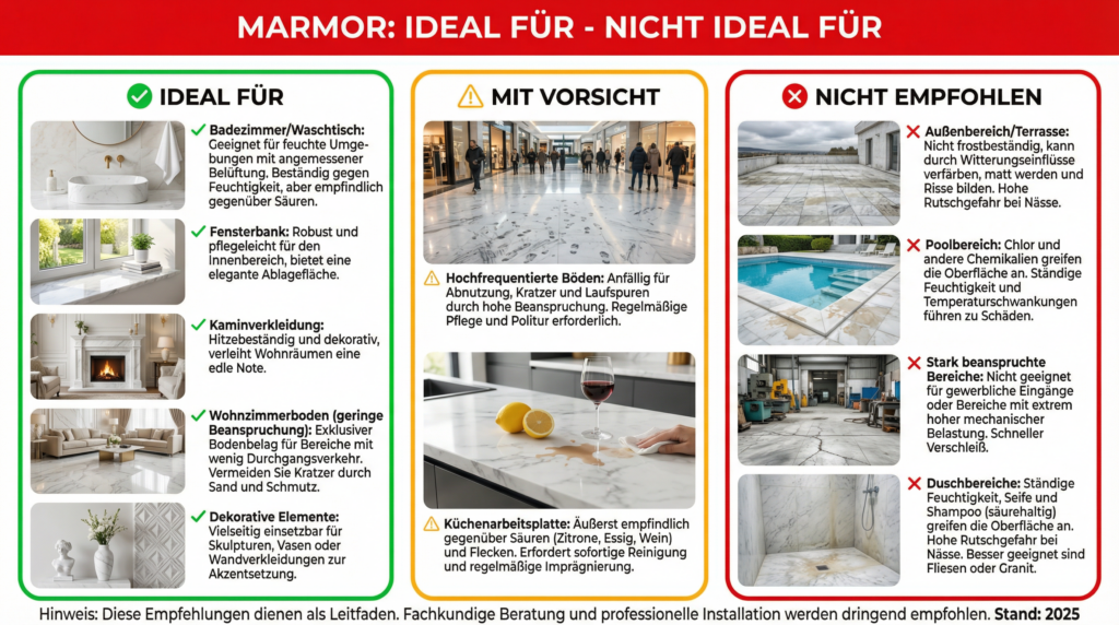 Infografik Marmor Einsatzbereiche: Ideal für Bad und Fensterbank, nicht empfohlen für Außenbereich und Dusche.