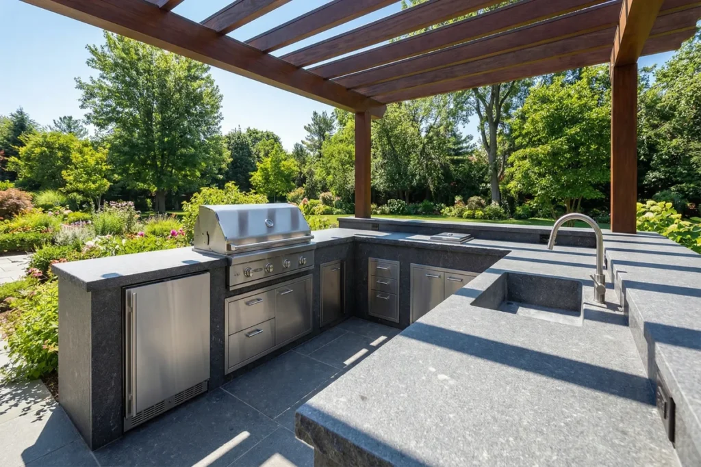 Moderne Nero Assoluto Outdoor-Küchenarbeitsplatte, geflammt und gebürstet