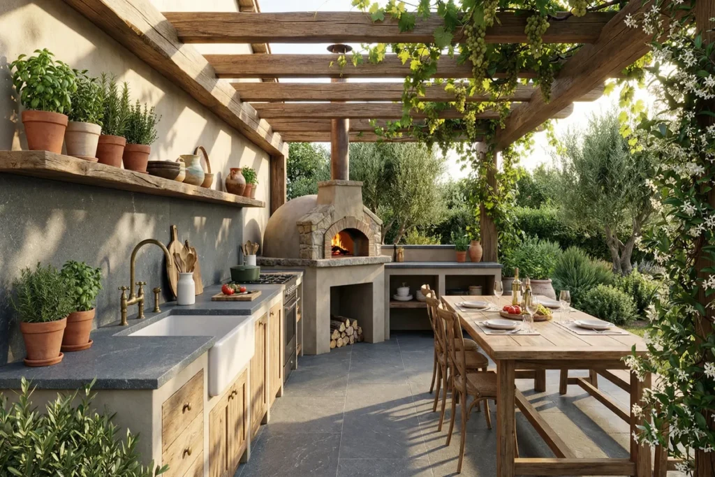 Nero Assoluto Arbeitsplatte für eine rustikale Outdoor-Küche unter Pergola