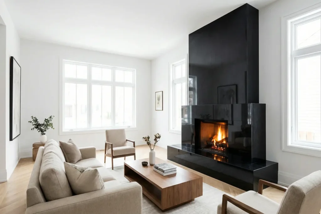 Nero Assoluto Kaminplatte und Funkenschutz maßgefertigt in Hochglanz