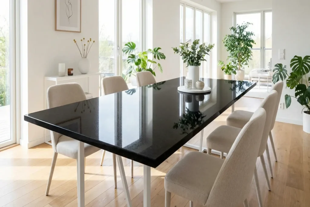 Nero Assoluto Tischplatte maßgefertigt für das Esszimmer, hochglänzend poliert