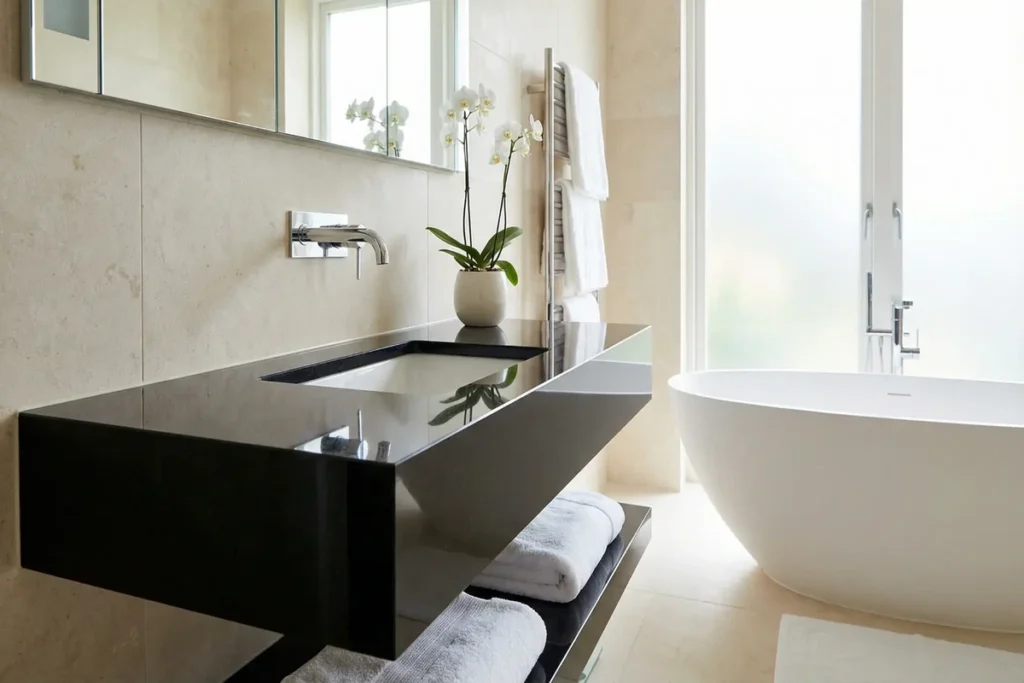 Nero Assoluto Waschtischplatte maßgefertigt für ein Spa-Badezimmer