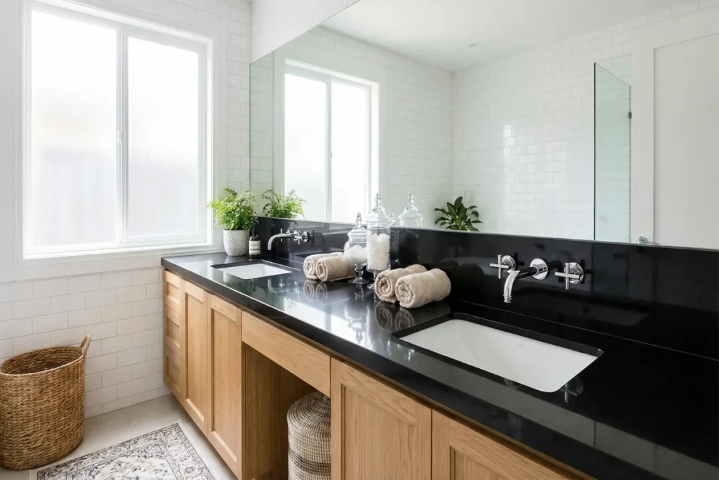 Nero Assoluto Doppelwaschtischplatte auf Maß in hochglänzender Ausführung