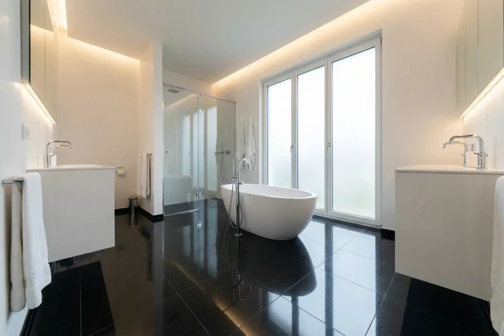 Nero Assoluto Bodenfliesen hochglänzend im Badezimmer