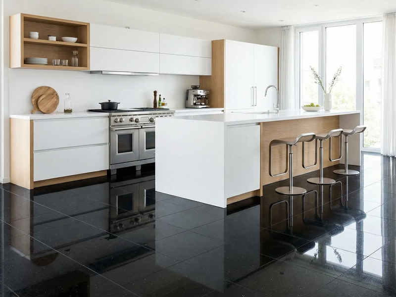 Nero Assoluto Fliesen 40x40 cm hochglänzend in der Küche verlegt