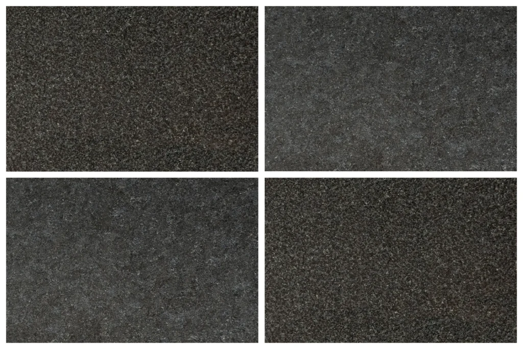 Vier-in-eins Vergleich polierte Oberfläche Nero Assoluto India oben links unten rechts und Zimbabwe oben rechts unten links