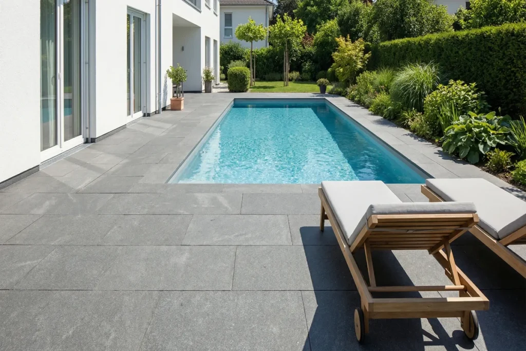 Großformatige Nero Assoluto Poolumrandung und Terrassenplatten geflammt-gebürstet