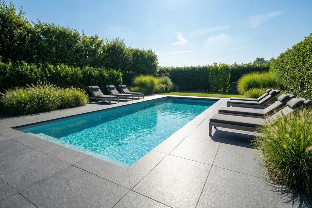 Nero Assoluto Poolumrandung und Terrassenplatten in geflammt und gebürsteter Oberfläche