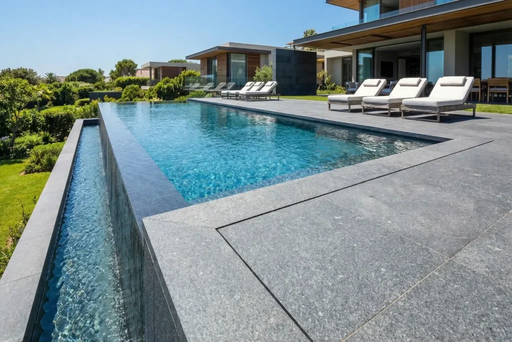 Nero Assoluto Poolumrandung mit maßgefertigten Eckstücken und gefaster Kante