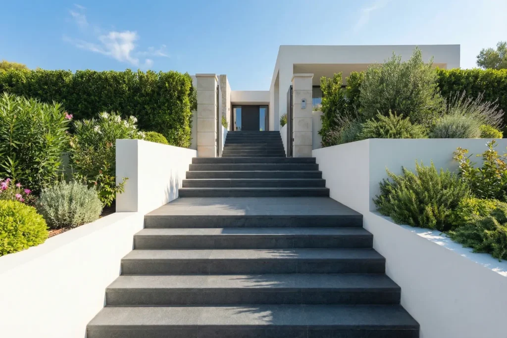 Massive Nero Assoluto Außentreppe mit geflammt und gebürsteter Oberfläche